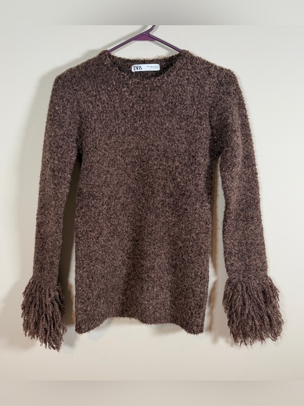 Zara Women’s Brown Chocolate Knitted Sweater w/ Fringe Cuff Detail Sz M